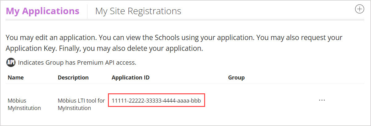 My Applications page, the table of applications has Name, Description, Application ID and Group headings.